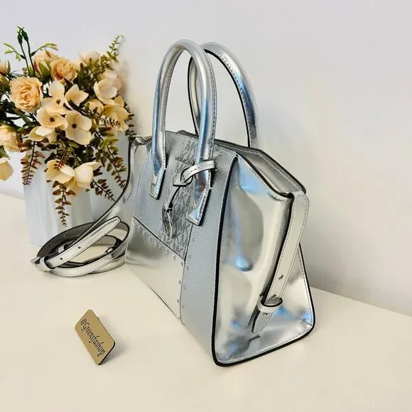 Michael Kors Purse Avril Small Leather Satchel Crossbody Bag Silver